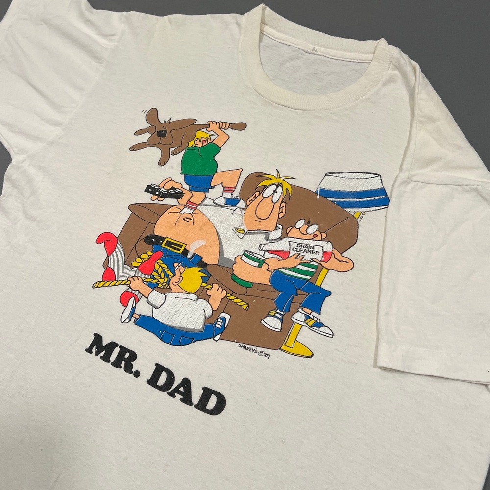 Vintage 1989 Mr Dad Sharky's Graphic T-Shirt Single Stitch White Retro 80s Humor